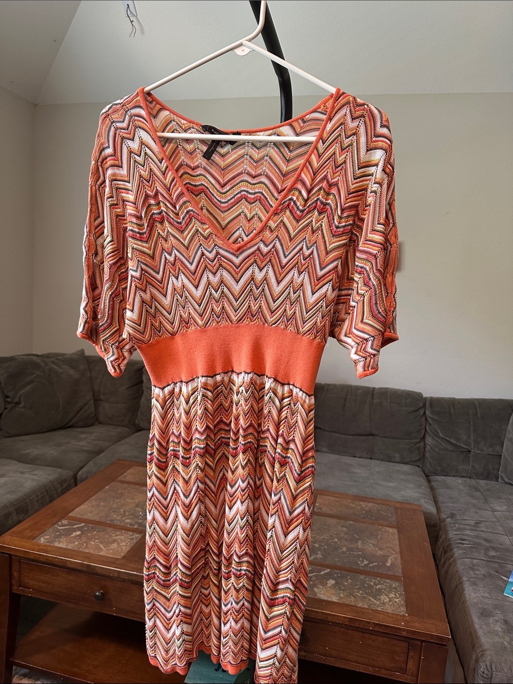 BCBG Max Azria Chevron Knit Fit & Flare Dress Orange Multicolor L
